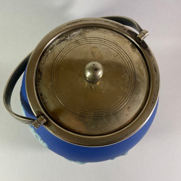 Antique Wedgwood Blue Jasperware Biscuit Barrel with silver lid - Picture 7 of 11